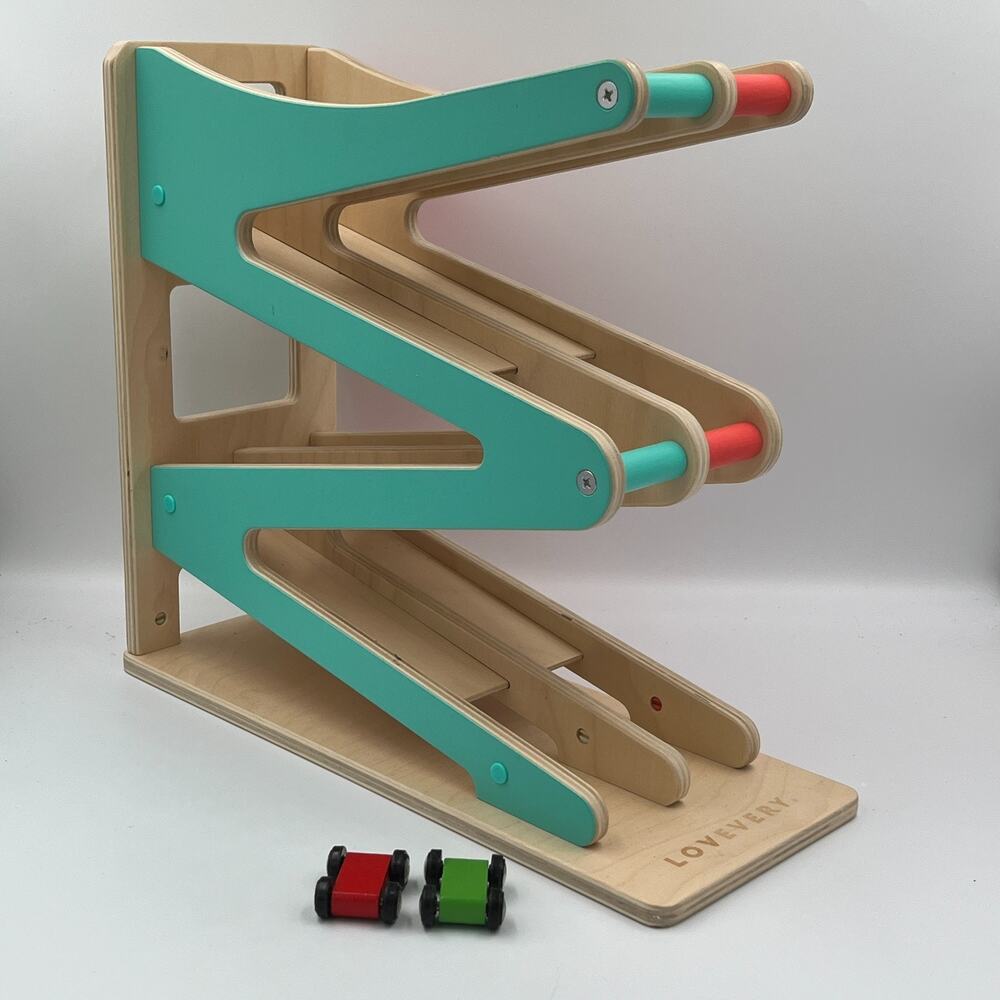 LOVEVERY Wooden Side by Side Race and Chase Ramp w/ 2 Cars